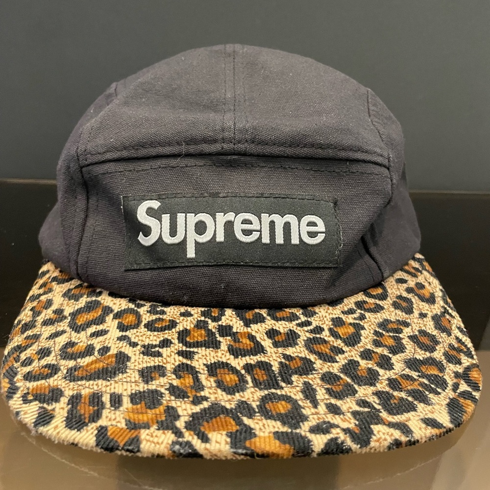 Supreme Black and Leopard Print Hat